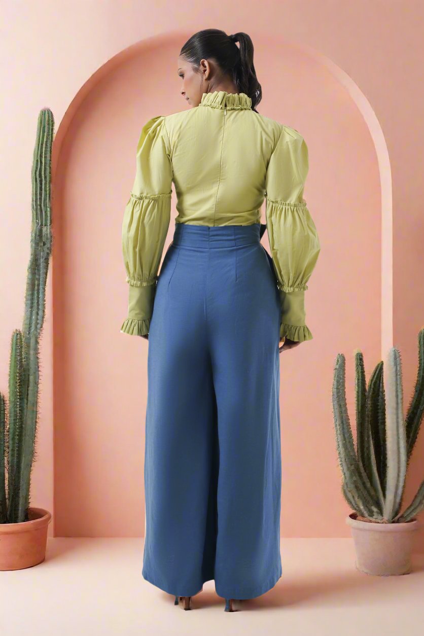 Jade Ruffle Blouse With Pleated Linen Pant Set