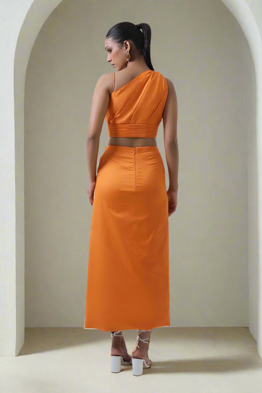 Sunset Glow One Shoulder Top With Wrap Front Midi Skirt Set