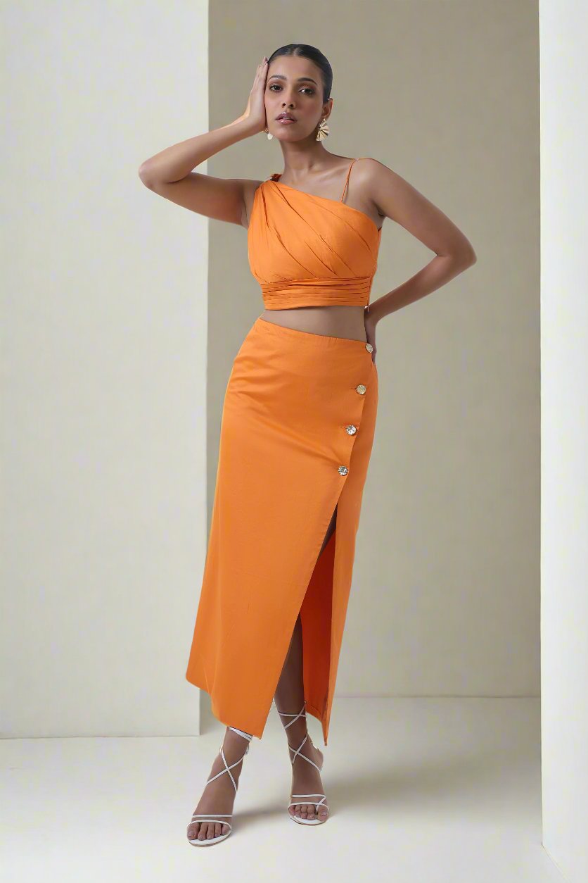 Sunset Glow One Shoulder Top With Wrap Front Midi Skirt Set