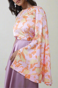 Spring Bloom Flair Sleeve Top With Draped Skirt Set