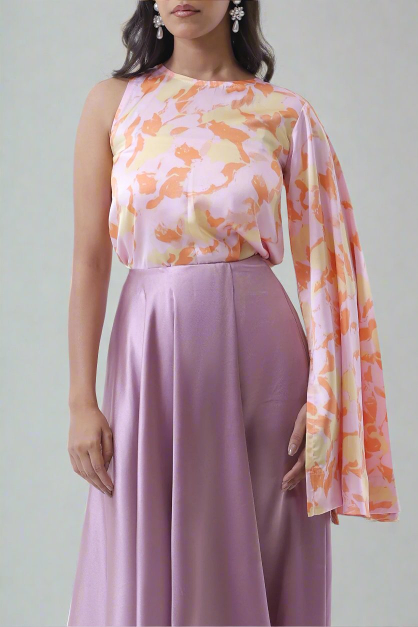 Spring Bloom Flair Sleeve Top With Draped Skirt Set