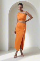 Sunset Glow One Shoulder Top With Wrap Front Midi Skirt Set