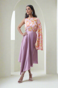 Spring Bloom Flair Sleeve Top With Draped Skirt Set