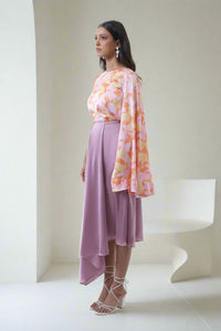 Spring Bloom Flair Sleeve Top With Draped Skirt Set