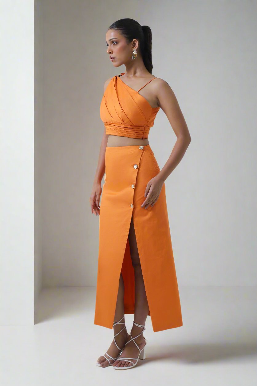 Sunset Glow One Shoulder Top With Wrap Front Midi Skirt Set